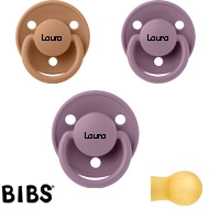 Bibs de Lux sutter med navn (2 Mauve, 1 Earth) Runde Latex str.2, 3 pack